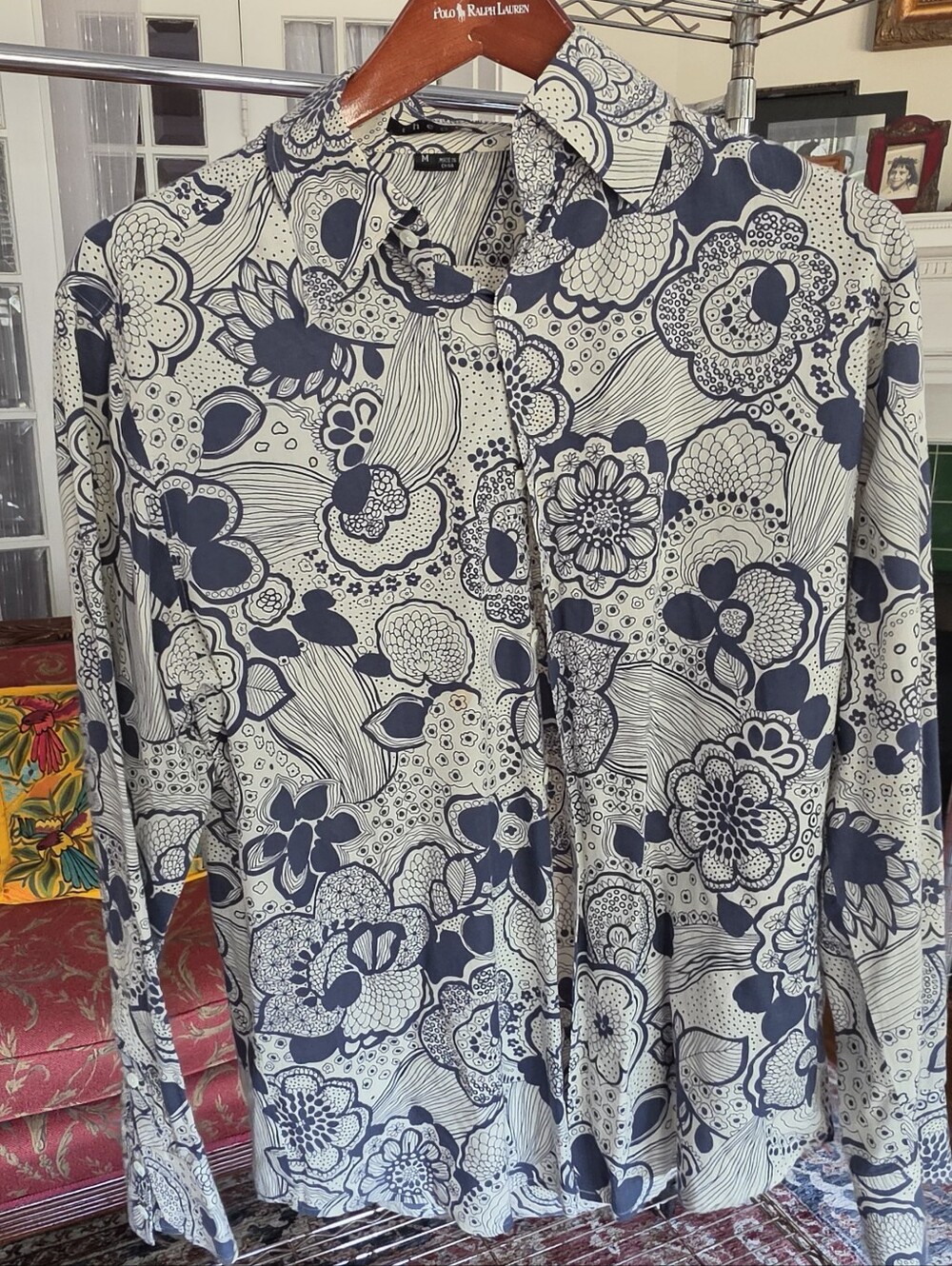 Theory Navy and Cream Floral Button-Down Shirt